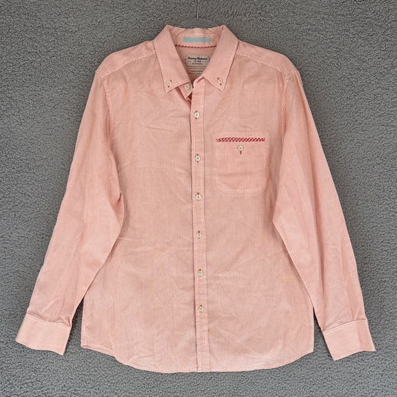 Tommy Bahama Pink & white striped men’s medium Button Down long sleeve Shirt - Picture 1 of 14